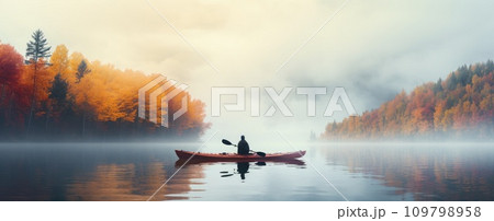 a man kayaking in an autumn colored lake 109798958