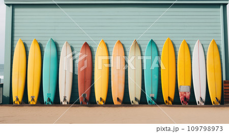 a colorful gang of surf boards is leaning against a wooden door 109798973