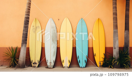 a colorful gang of surf boards is leaning against a wooden door 109798975