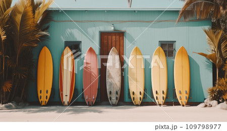 a colorful gang of surf boards is leaning against a wooden door 109798977