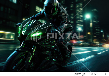 a motorcycle rider on his motorcycle traveling over a street a motorcycle rider on his motorcycle traveling over a street 109799004
