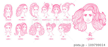 Zodiac signs line art girls in pink colorsのイラスト素材 [109799014] - PIXTA