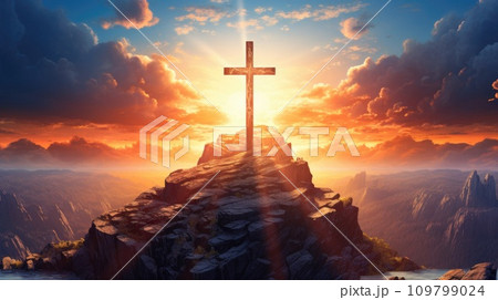 a cross on an island with clouds surrounding it and the sun behind it a cross on an island with clouds surrounding it and the sun behind it 109799024