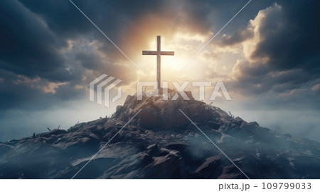 a cross on an island with clouds surrounding it and the sun behind it 109799033