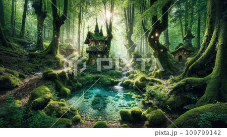 苔むした木々が生い茂る森の中にある、妖精たちが暮らす村。 ファンタジー背景アート。AI生成画像。 苔むした木々が生い茂る森の中にある、妖精たちが暮らす村。 ファンタジー背景アート。AI生成画像。 109799142