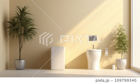 a toilet in modern bathroom with a plant and a white sink 109799340
