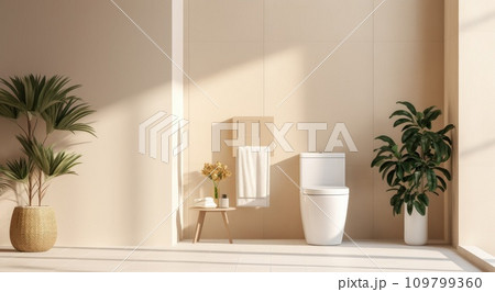 a toilet in modern bathroom with a plant and a white sink a toilet in modern bathroom with a plant and a white sink 109799360