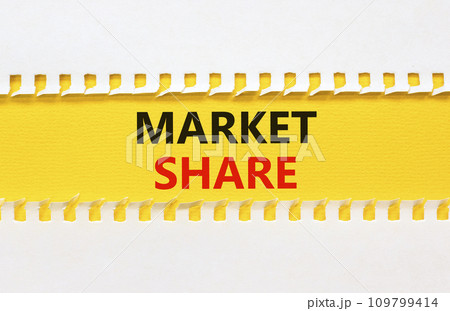 Market share symbol. Concept words Market share on beautiful yellow paper. Beautiful white table white background. Business and Market share concept. Copy space. 109799414