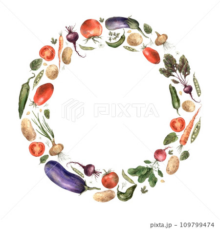 Watercolor frame of vegetables: radish, tomato, eggplant, tomato, peas, dill, carrot, onion, potato. Hand drawn composition on white background, suitable for design, menus, cookbooks, cards, posters. Watercolor frame of vegetables: radish, tomato, eggplant, tomato, peas, dill, carrot, onion, potato. Hand drawn composition on white background, suitable for design, menus, cookbooks, cards, posters. 109799474