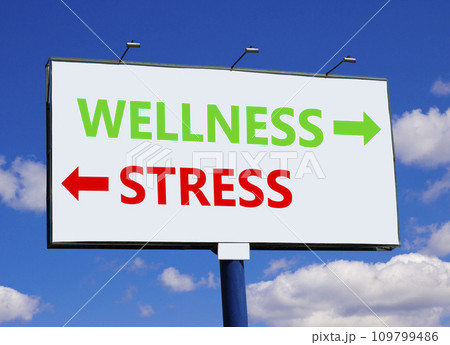 Wellness or stress symbol. Concept word Wellness or Stress on beautiful billboard with two arrows. Beautiful blue sky with clouds background. Healthy and Wellness or stress concept. Copy space. 109799486