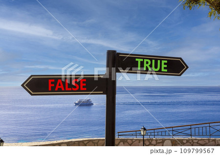 True or false symbol. Concept word True or False on beautiful signpost with two arrows. Beautiful blue sea sky with clouds background. Business and true or false concept. Copy space. 109799567