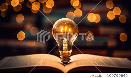 book of fiction on top bokeh light bulb 109799646