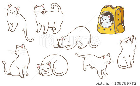 シンプルで可愛い白猫のイラストセット 主線あり シンプルで可愛い白猫のイラストセット 主線あり 109799782