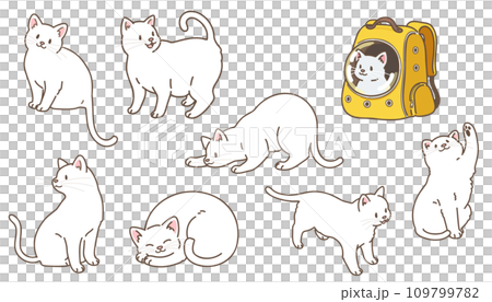 シンプルで可愛い白猫のイラストセット 主線あり シンプルで可愛い白猫のイラストセット 主線あり 109799782