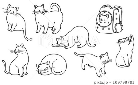 シンプルで可愛い猫のイラストセット 主線のみ白抜き シンプルで可愛い猫のイラストセット 主線のみ白抜き 109799783