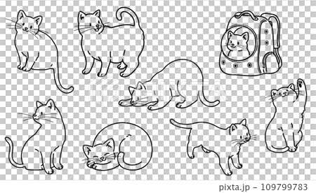 シンプルで可愛い猫のイラストセット 主線のみ白抜き シンプルで可愛い猫のイラストセット 主線のみ白抜き 109799783