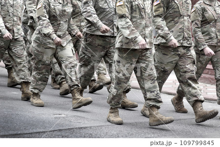 US soldiers. US army. Military forces of the United States of America.   Soldiers marching on the parade. Veterans Day. Memorial Day. 109799845