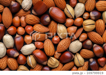 AI-generated content. Natural background made from different kinds of nuts. 109799919