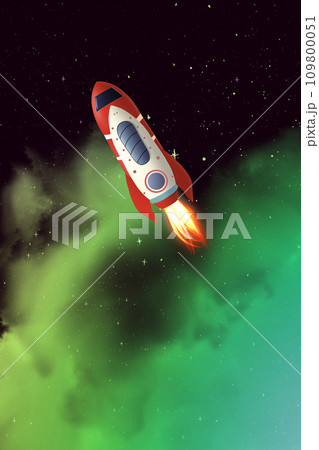 A cartoon rocket in space. 109800051