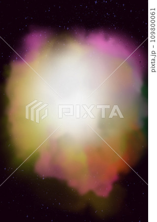 Cartoon glowing nebula in space illustration. Multicolored luminous fluffy clouds of gas nebulas on a dark background of stellar space. 109800061