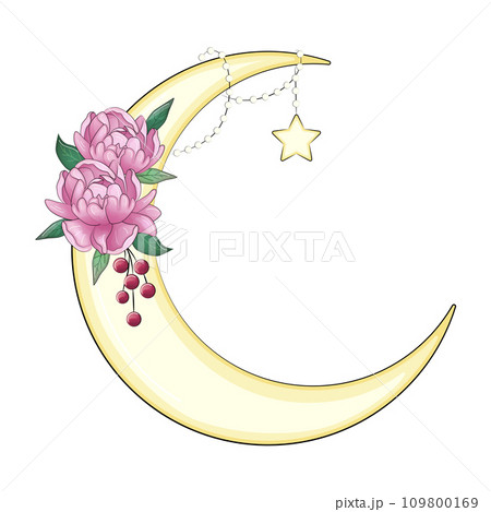 Crescent moon decorated with flowers, leaves. hand drawn card, poster, banner for Islamic festival 109800169