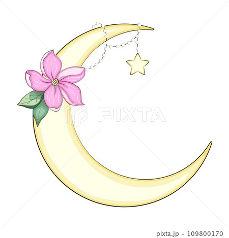 Crescent moon decorated with flowers, leaves. hand drawn card, poster, banner for Islamic festival Crescent moon decorated with flowers, leaves. hand drawn card, poster, banner for Islamic festival 109800170