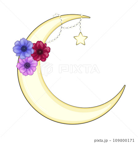 Crescent moon decorated with flowers, leaves. hand drawn card, poster, banner for Islamic festival Crescent moon decorated with flowers, leaves. hand drawn card, poster, banner for Islamic festival 109800171