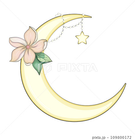 Crescent moon decorated with flowers, leaves. hand drawn card, poster, banner for Islamic festival Crescent moon decorated with flowers, leaves. hand drawn card, poster, banner for Islamic festival 109800172