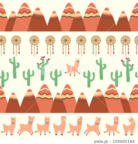 Cute pattern with llamas, cacti, Alps mountains, dream catcher, rainbows and hearts. Children s room design Cute pattern with llamas, cacti, Alps mountains, dream catcher, rainbows and hearts. Children s room design 109800188