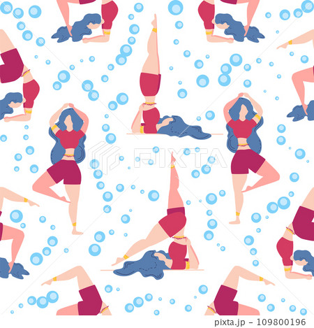 Seamless pattern Plus size curvy girls doing yoga class. Online home workout concept. Body positive 109800196