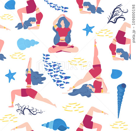 Seamless pattern Plus size curvy girls doing yoga class. Online home workout concept. Body positive 109800198