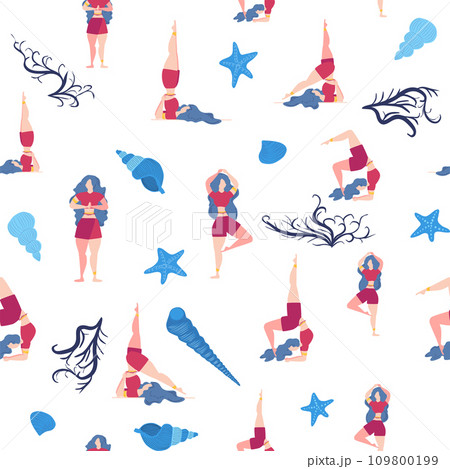 Seamless pattern Plus size curvy girls doing yoga class. Online home workout concept. Body positive 109800199