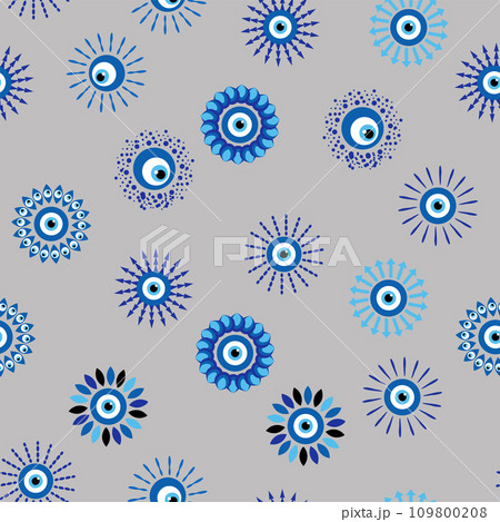 Evil eye Heavenly seamless pattern with suns, moons, stars, palms. For textiles, souvenirs, household goods. 109800208