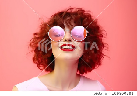 cute young woman wearing sunglasses over pink background woman 109800281