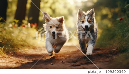 dogs run in grass and cats run on the front yard 109800340