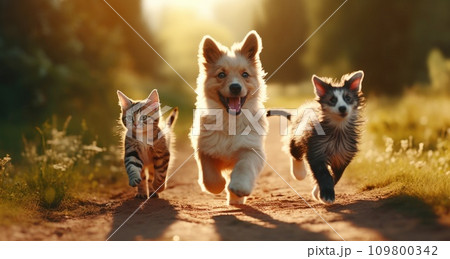 dogs run in grass and cats run on the front yard 109800342