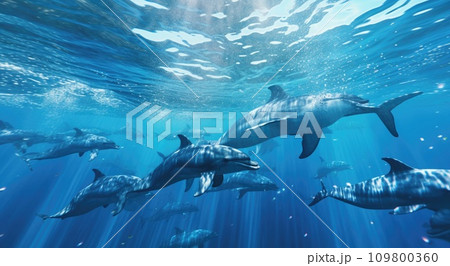 dolphin and dolphins swimming in the ocean with sun out 109800360
