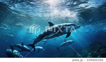 dolphin and dolphins swimming in the ocean with sun out dolphin and dolphins swimming in the ocean with sun out 109800366
