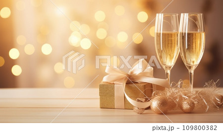 champagne flutes and present at the christmas table 109800382