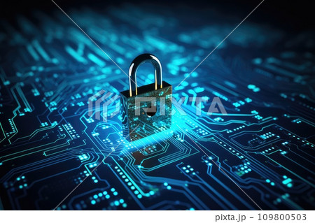 Cyber security concept. Padlock on circuit board background 109800503
