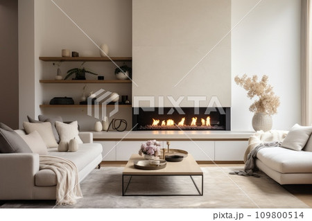 Gas fireplace in a modern cozy living room Gas fireplace in a modern cozy living room 109800514