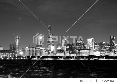 Chicago cityscape at night, BW Chicago cityscape at night, BW 109800588