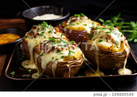 Baked potatoes with cheese on plate 109800589