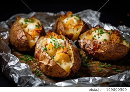 Baked potatoes with cheese and onions on foil 109800590