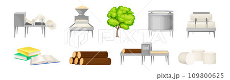 Paper Production Process and Raw Wood Manufacturing Vector Set Paper Production Process and Raw Wood Manufacturing Vector Set 109800625