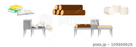 Paper Production Process and Raw Wood Manufacturing Vector Set 109800626