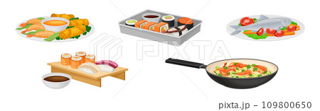 Tasty Seafood Dish and Served Meal Vector Set 109800650