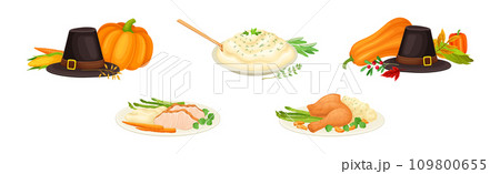 Thanksgiving Day Symbol and Festive Food Vector Set 109800655