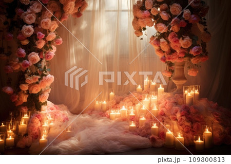 A romantic wedding scene with soft lighting, roses, and room for heartfelt messages A romantic wedding scene with soft lighting, roses, and room for heartfelt messages 109800813
