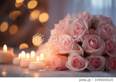 A romantic wedding scene with soft lighting, roses, and room for heartfelt messages 109800820